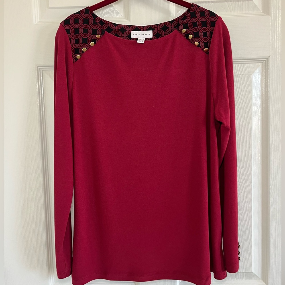 Susan Graver Red and Black Detail Blouse with Gold Buttons
